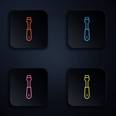 Renkli neon çizgisi tornavida simgesi siyah arkaplanda izole edildi. Servis aracı sembolü. Kare düğmelere simgeleri yerleştir. Vektör.