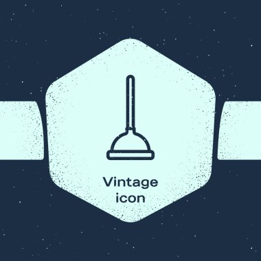 Mavi arka planda izole edilmiş boru temizleme ikonu için ahşap saplı Grunge hattı kauçuk pompası. Tuvalet pompası. Tek renkli klasik çizim. Vektör.