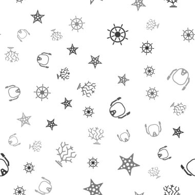 Geminin direksiyonunu, denizyıldızını, dalış maskesini ve mercanı kusursuz desene ayarlayın. Vektör.