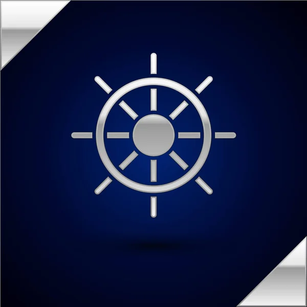 Серебряный Корабль Руль Значок Изолирован Темно Синем Фоне Вектор — стоковый вектор