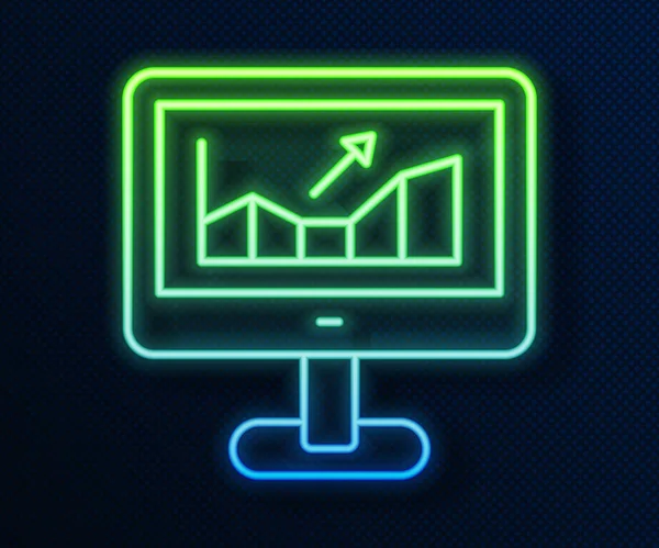 Leuchtende Leuchtschrift Computer Mit Aktienmarktwachstumsdiagrammen Und Geldsymbol Isoliert Auf Blauem — Stockvektor