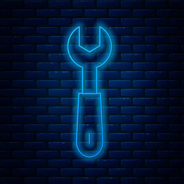 Brillante Línea Neón Llave Llave Icono Aislado Fondo Pared Ladrillo — Vector de stock