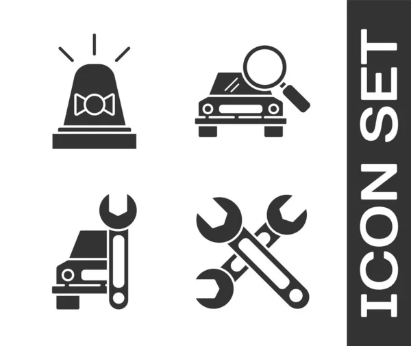 Set Moersleutel Flasher Sirene Auto Service Auto Zoeken Pictogram Vector — Stockvector