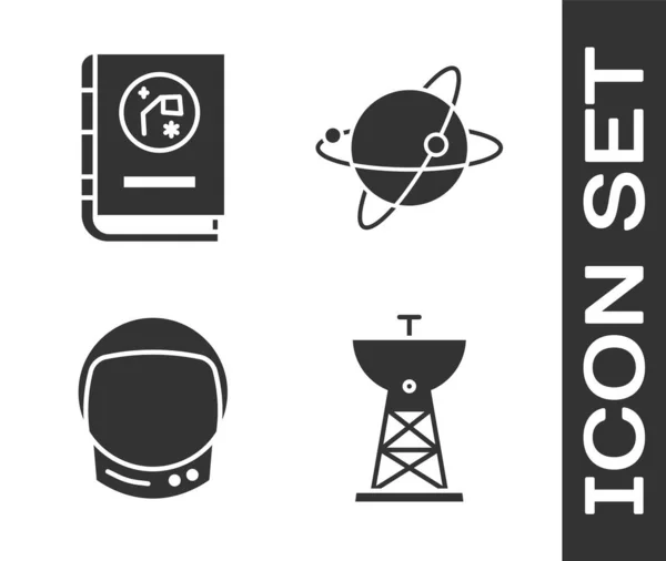 Set Antena Parabólica Libro Astronomía Casco Astronauta Satélites Orbitando Icono — Vector de stock