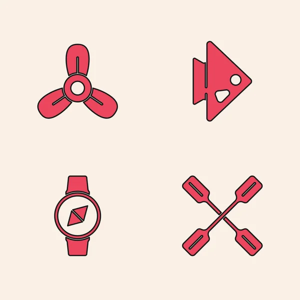 Set Paleta Hélice Barco Turbina Icono Pescado Brújula Vector — Vector de stock