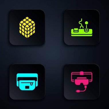 Sanal gerçeklik gözlükleri, zeka küpü, muz ve av yastığının bel çantasını hazırla. Siyah kare düğme. Vektör.