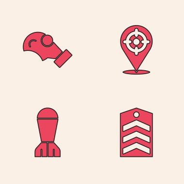 Sembol, gaz maskesi, hedef spor ve havacılık bomba ikonu. Vektör.