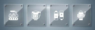 Set Robot, Battery ve endüstriyel robot üretimi. Kare cam paneller. Vektör.