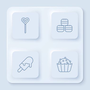 Hattı belirle, lolipop, Macaron kurabiyesi, dondurma ve kek. Beyaz kare düğme. Vektör.