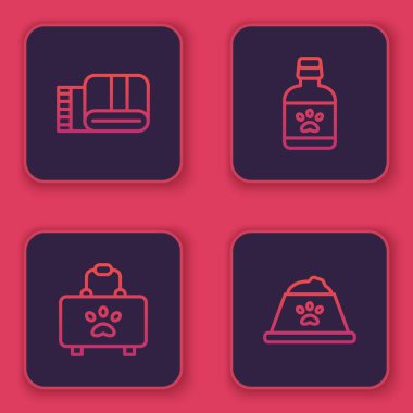 Havlu yığını, evcil hayvan ilk yardım çantası, köpek ilacı şişesi ve yemek kasesi. Mavi kare düğme. Vektör.