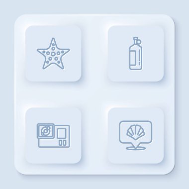 Denizyıldızı, Aqualung, aksiyon kamerası ve deniz kabuğu hattı kurun. Beyaz kare düğme. Vektör.