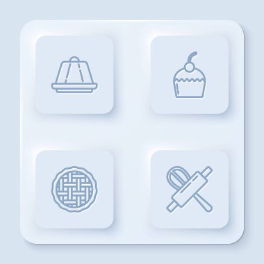 Sabit çizgi puding, kek, ev yapımı turta ve mutfak çırpısı ve merdane. Beyaz kare düğme. Vektör.