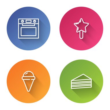 Fırın, lolipop, waffle külahında dondurma ve pasta. Renkli daire düğmesi. Vektör.