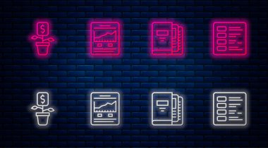 İnternet sitesini büyüme grafiği, ofis klasörleri, dolar santral ve işletme finans raporu ile ayarla. Tuğla duvarda parlayan neon simgesi. Vektör.
