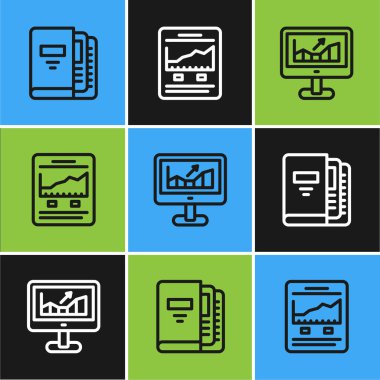 Satır ofis dizinlerini, büyüme grafiği ve web sitesi simgesini içeren bilgisayarı ayarla. Vektör.