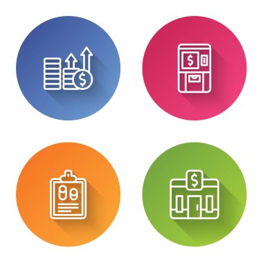Finansal büyüme ve dolar, ATM parası, iş finans raporu ve banka binası. Renkli daire düğmesi. Vektör.