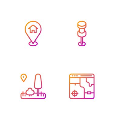 Şehir haritasının bilgilerini, şehir navigasyonunu, evi ve pimini olan yeri ayarlayın. Renk simgeleri. Vektör.