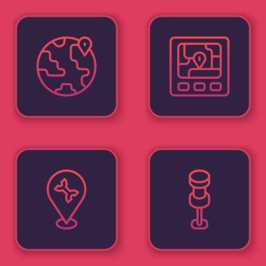 Hat konumunu, araba servisini, harita ve pimi olan GPS cihazını ayarlayın. Mavi kare düğme. Vektör.