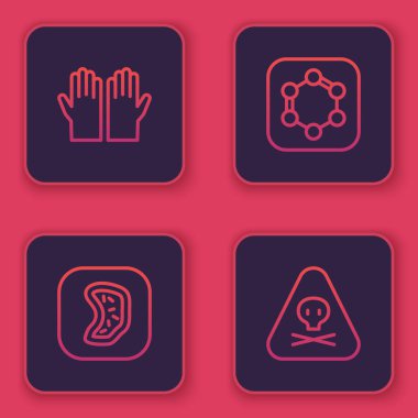 Tıbbi lastik eldivenler, bakteri, benzen halkaları formülü ve üçgen uyarı toksik. Mavi kare düğme. Vektör.