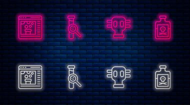Test tüpü ve matara, gaz maskesi, kimyasalları ve zehirli şişeyi hazırlayın. Tuğla duvarda parlayan neon simgesi. Vektör.