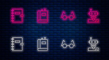 Satır Defteri, Gözlük, Spiral Defter ve Robot. Tuğla duvarda parlayan neon simgesi. Vektör.