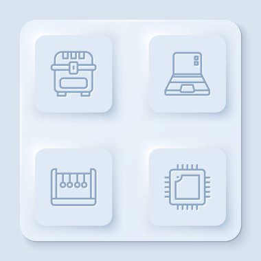 Antik hazine sandığı, dizüstü bilgisayar, sarkacı ve işlemciyi işlemciye ayarla. Beyaz kare düğme. Vektör.