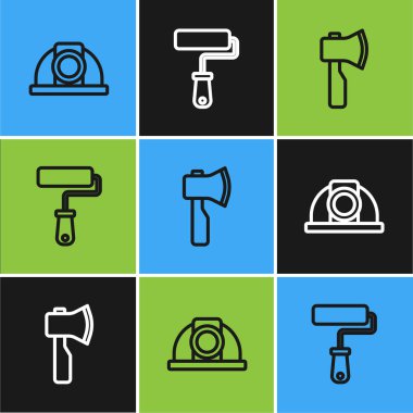 Hat çizgisi işçi kaskı, tahta balta ve boya fırçası ikonu. Vektör.