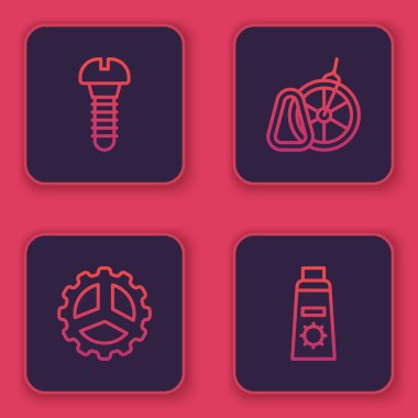 Metalik vida, bisiklet sürme kolu, park yeri ve güneş kremi tüpü ayarlayın. Mavi kare düğme. Vektör.