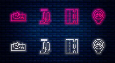Bisiklet pompası, şerit, sokak rampası ve bisikletli konum. Tuğla duvarda parlayan neon simgesi. Vektör.