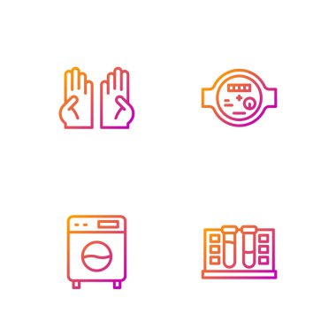 Test tüpünü su damlası, çamaşır makinesi, lastik eldiven ve su sayacıyla ayarla. Renk simgeleri. Vektör.