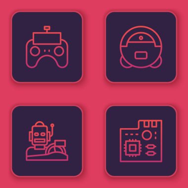 Hat uzaktan kumandası, robot insanımsı araba kullanma, elektrikli süpürge ve anakart dijital çip. Mavi kare düğme. Vektör.