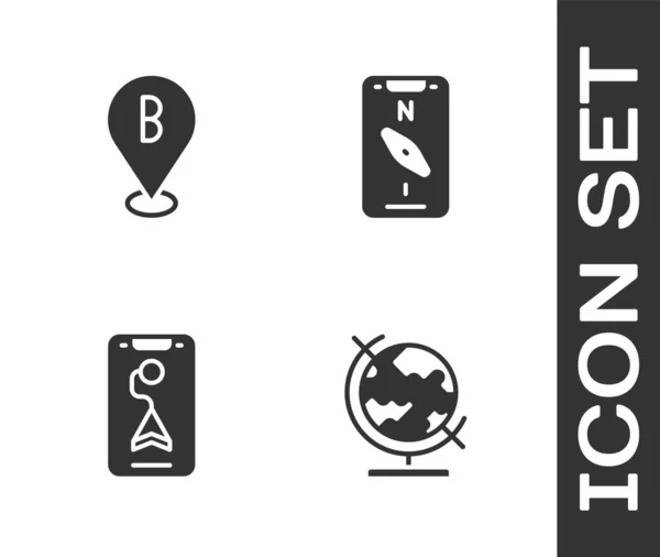 Establecer Globo Terráqueo Ubicación Mapa Ciudad Navegación Brújula Icono Móvil — Archivo Imágenes Vectoriales