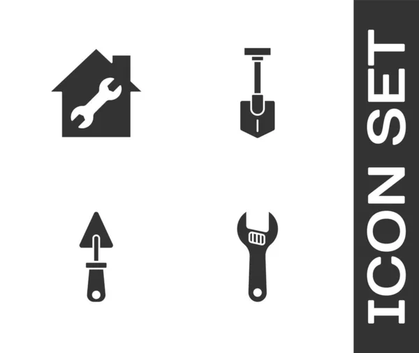 Set Adjustable Wrench House Repair Trowel Shovel Icon Vector — Stock Vector