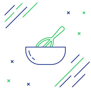 Line Kitchen çırpma ve bowling ikonu beyaz arka planda izole edildi. Mutfak aletleri, yumurta çırpıcı. Çatal bıçak seti. Yemek karışımı sembolü. Renkli taslak konsepti. Vektör.
