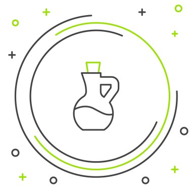 Beyaz arka planda izole edilmiş zeytin yağı ikonu çizgisi. Zeytinyağı ikonlu sürahi. Renkli taslak konsepti. Vektör.