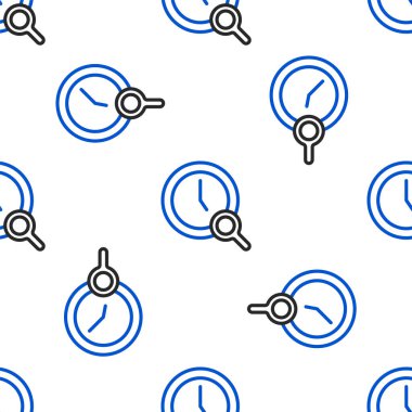 Saat simgesine sahip çizgi büyüteci beyaz arka planda izole edilmiş pürüzsüz desen. Saat araması. Renkli taslak konsepti. Vektör.