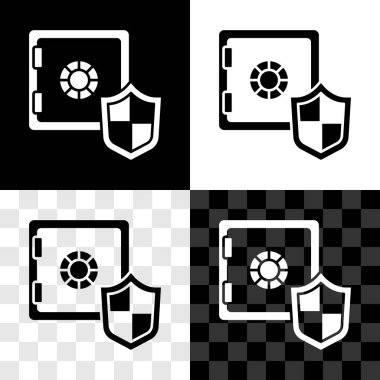 Siyah beyaz, şeffaf arkaplanda izole edilmiş kalkan simgesi ile güvenli bir yere ayarlayın. Sigorta konsepti. Güvenlik, güvenlik, koruma, konsept koruma. Vektör.