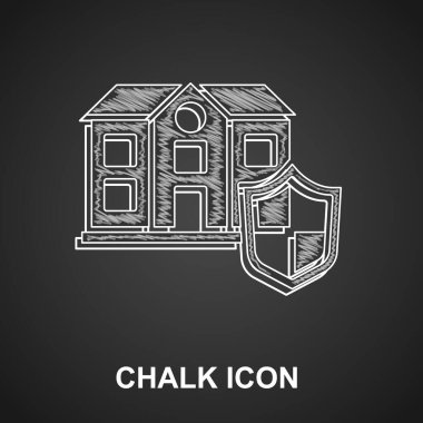 Siyah arka planda kalkan simgesi olan tebeşir evi. Sigorta konsepti. Güvenlik, güvenlik, koruma, konsept koruma. Vektör.