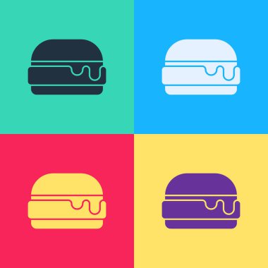 Pop Art Burger simgesi renk arkaplanında izole edilmiş. Hamburger ikonu. Çizburger sandviç tabelası. Fast food menüsü. Vektör.