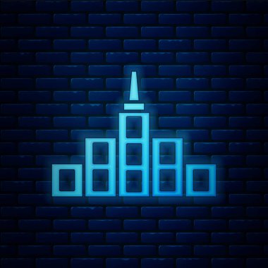 Parlayan neon şehir manzara simgesi tuğla duvar arkasında izole edilmiş. Metropolis mimarisi panoramik manzara. Vektör.