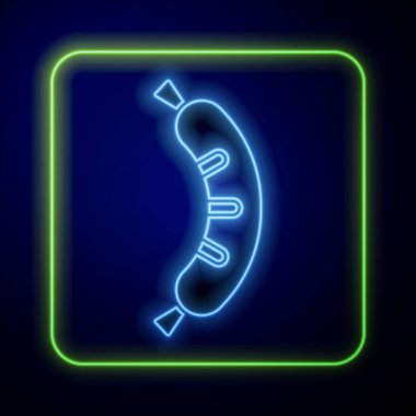 Parlayan neon renkli Hotdog sandviç ikonu mavi arkaplanda izole edildi. Sosis ikonu. Sokak fast food menüsü. Vektör.