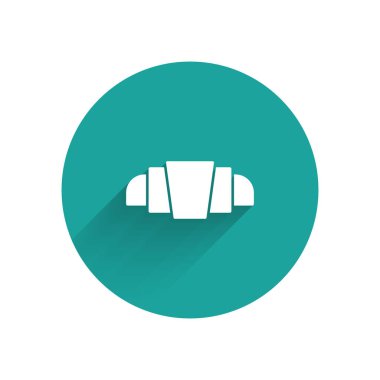 Beyaz kruvasan ikonu uzun gölgeli izole edilmiş. Yeşil daire düğmesi. Vektör.