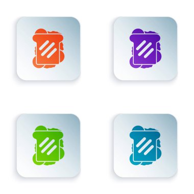 Renkli Sandviç simgesi beyaz arkaplanda izole edildi. Hamburger ikonu. Burger besin sembolü. Çizburger tabelası. Sokak fast food menüsü. Kare düğmelere renkli simgeleri yerleştir. Vektör.