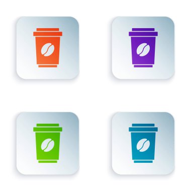 Beyaz arka planda izole edilmiş renkli kahve fincanı. Kare düğmelere renkli simgeleri yerleştir. Vektör.