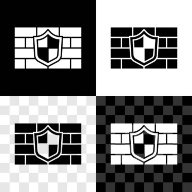 Siber güvenlik duvarı simgesine sahip kalkanı siyah beyaz, şeffaf arkaplanda izole et. Veri koruma sembolü. Güvenlik duvarı. Ağ koruması. Vektör.