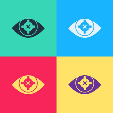 Pop Art Eye göz tarama simgesi renk arkaplanında izole edildi. Göz taraması yapılıyor. Güvenlik kontrol sembolü. Siber göz işareti. Vektör.