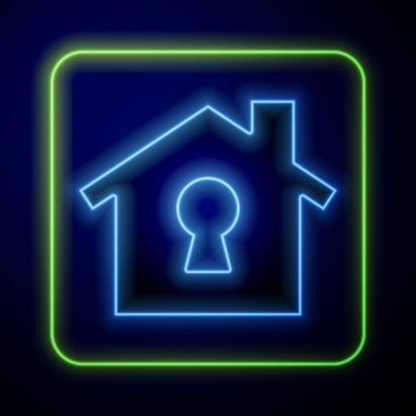 Parlayan neon ev mavi arka planda izole edilmiş koruma ikonu altında. Ev ve kalkan. Koruma, güvenlik, güvenlik, koruma, savunma konsepti. Vektör.