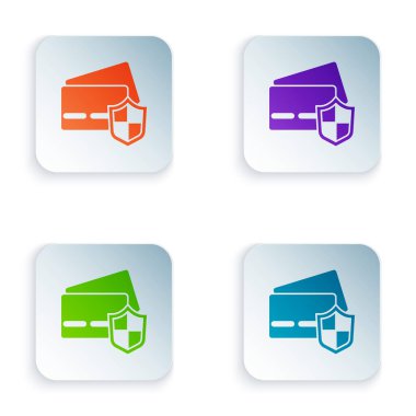 Beyaz arkaplanda kalkan simgesi olan renkli kredi kartı. Çevrimiçi ödeme. Nakit çekilmesi. Finansal operasyonlar. Alışveriş tabelası. Kare düğmelere renkli simgeleri yerleştir. Vektör.