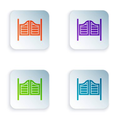 Renkli eski batı sallanan salon kapısı simgesi beyaz arka planda izole edilmiş. Kare düğmelere renkli simgeleri yerleştir. Vektör.