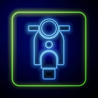 Parlayan neon scooter simgesi mavi arkaplanda izole edildi. Vektör.